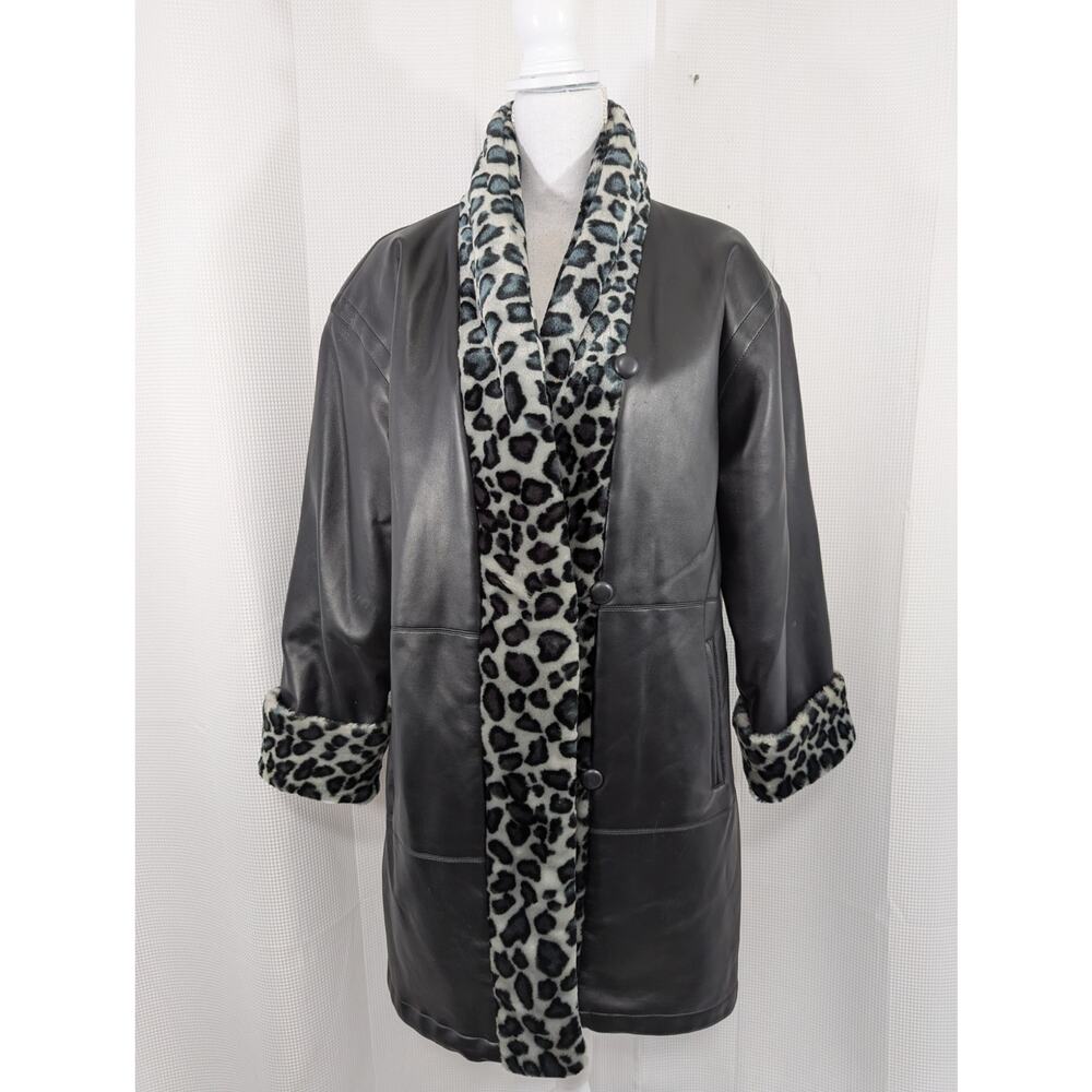 NWOT! ATLANTIC BEACH! LUXE VEGAN LEATHER, BLACK/GRAY LEOPARD FAUX FUR COAT! SZ L - Picture 2 of 9